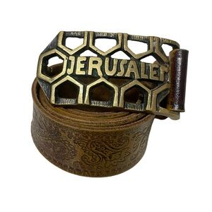 Vintage Jerusalem Belt Buckle with vintage brown leather belt